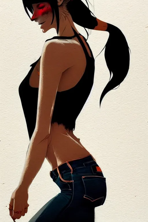 Image similar to a ultradetailed beautiful full body painting of a stylish woman with a ponytail, she is wearing a black tank top and jeans, by conrad roset, greg rutkowski and makoto shinkai trending on artstation