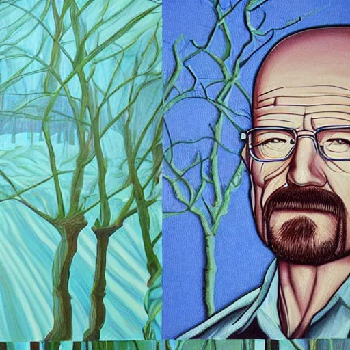 Image similar to an optical illusion painting of Walter white amidst a painting of trees water and sky