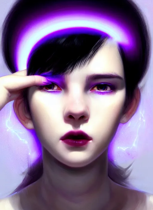 Image similar to portrait of teenage girl with white bangs, red irises, black hair, purple clothes, white bangs, bangs are different color from hair, intricate, front of hair is white rest is black, elegant, glowing lights, highly detailed, digital painting, artstation, concept art, smooth, sharp focus, illustration, art by wlop, mars ravelo and greg rutkowski