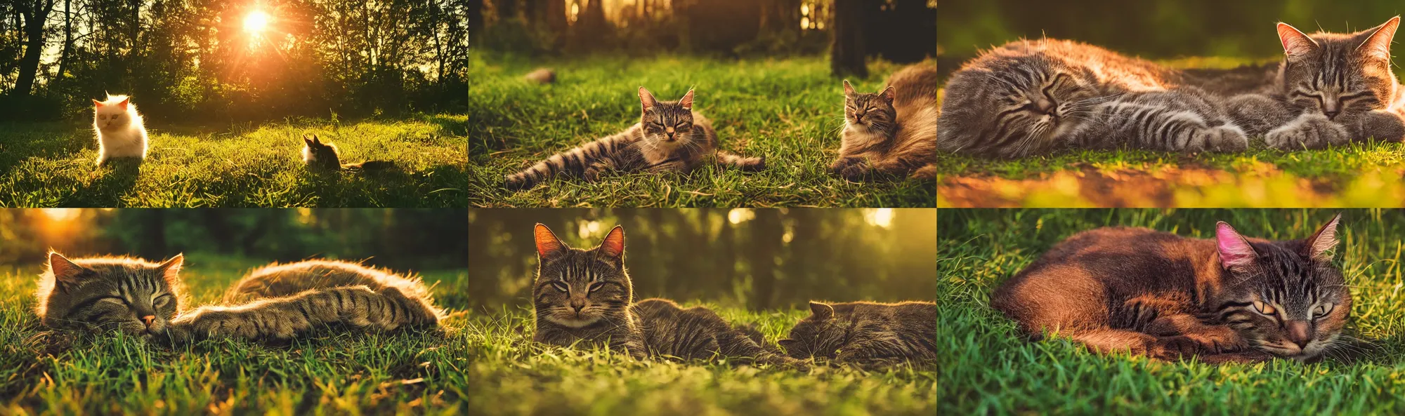 Prompt: a singular cute cat, sleeping on the grass in a forest, near a small river at sunset, godrays, complementary colors, warm lighting, raytracing