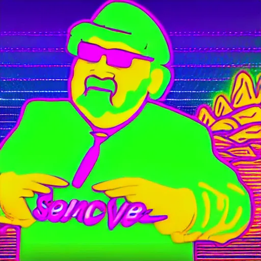 Image similar to neon green taco dancing on horizon cyberwave background with kernel sanders face as sun in the sky