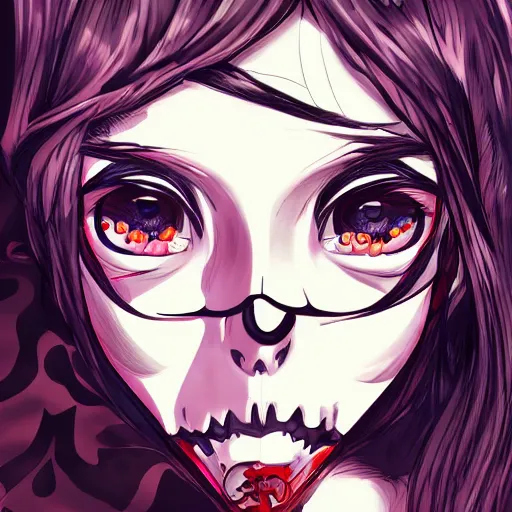 Prompt: anime manga skull portrait girl face closeup eyes detailed highres 4k kanye Mucha and James Jean pop art nouveau