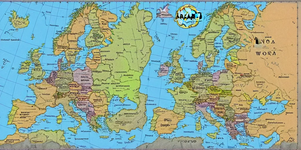 Image similar to a map of europe in the style of World of Warcraft maps