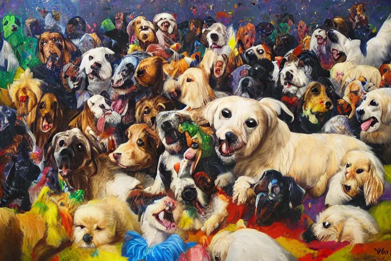 Image similar to dog moshpit, painting, dan whiz