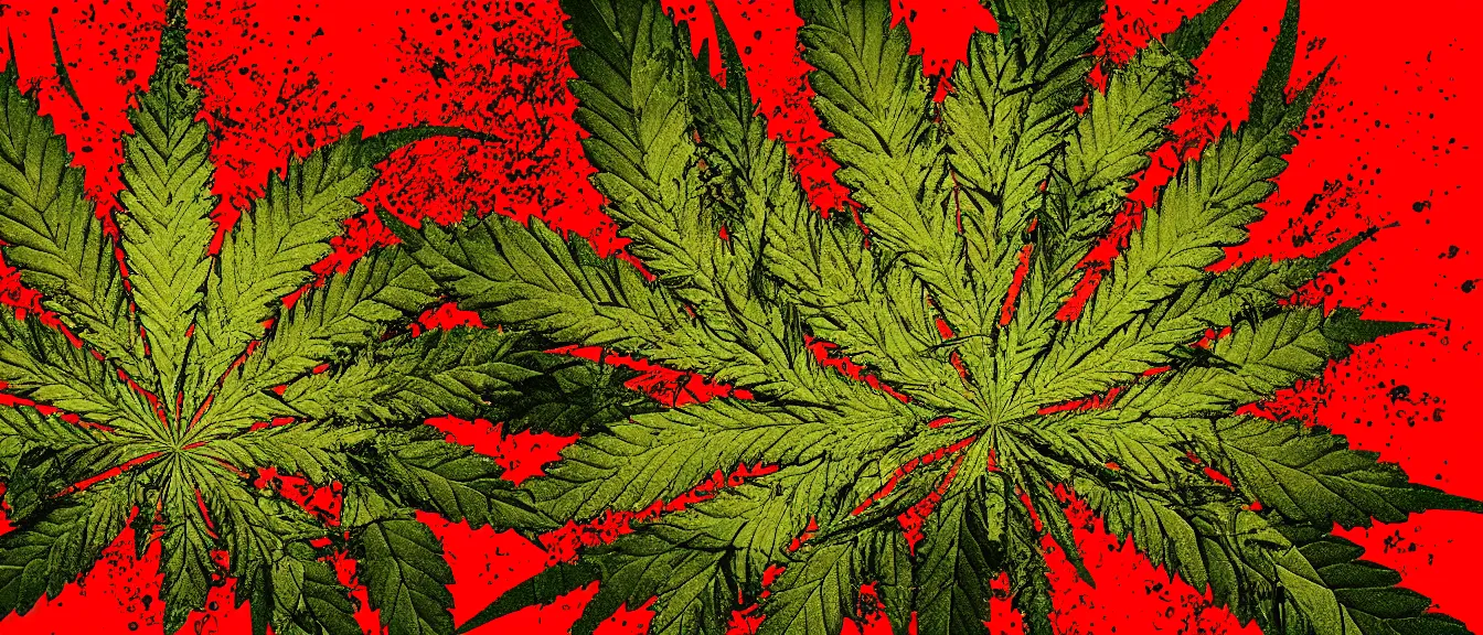 Prompt: cannabis film poster, seamless weed texture, blood splatter on the sides, sharp render, painting, grainy tape, glitch, distortion, few details,