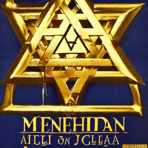 Image similar to orthodox jewish gilded golden star of david jewish poster advertisement. i am advertising a menorah. This menorah is golden and beautiful. Cheap price inexpensive advertisement poster! 2000s Kids Advertisement. Rabbi with curls.