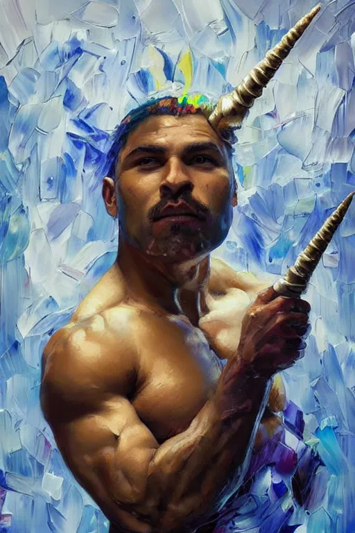 Image similar to palette knife oil painting portrait of estrella, a muscular bouncer with a unicorn horn, extreme detail, artstation trending, artgerm, any racial background, deviant art, octane, substance, art history 8 k