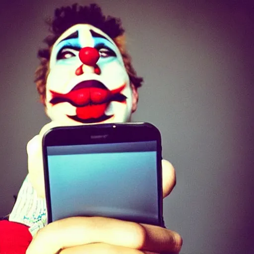 Prompt: “a clown mad and texting on his phone”