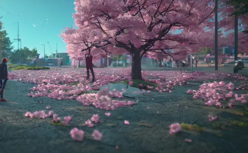 Prompt: cherry blossoms, Low level, rendered by Beeple, Makoto Shinkai, syd meade, simon stålenhag, synthwave style, digital art, unreal engine, WLOP, trending on artstation, 4K UHD image, octane render,