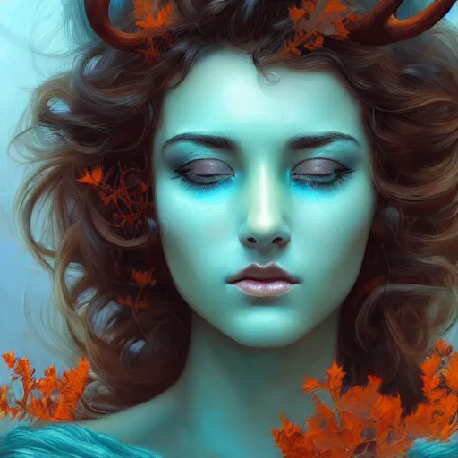 Prompt: beautiful digital painting of a beautiful woman with teal skin and antlers made of wood on her head, brown curly hair with orange oak leaves, D&D, fantasy, intricate, beautiful eyes, cinematic lighting, highly detailed, digital painting, Artstation, concept art, smooth, sharp focus, illustration, art by Artgerm and Greg Rutkowski and Alphonse Mucha