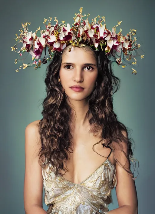 Prompt: an oil on canvas portrait! of Adria Arjona as an ethereal beauty with wavy hair covered by an orchid floral crown. The royal dress is made of intricate gold and silver threads with jewellery, composing complex geometrical patterns, zenithal lighting, shot on 70 mm, by Alina Ivanchenko and Hirothropologie and Patrick DeMarchelier .