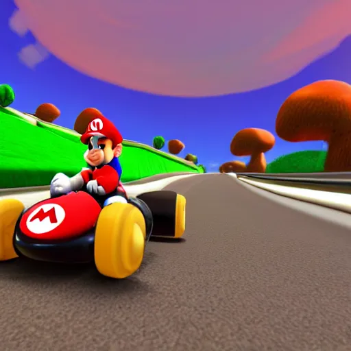 Image similar to cat driving mario kart on realistic road, motion blur, clear sky, golden hour, unobstructed road, artstation