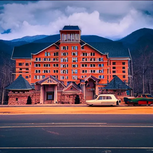 Image similar to Symmetric Wes Anderson film still in the Gatlinburg without people. Establishing shot. Architecture. 8k resolution. Pastel. Sharp. Whimsical. Symmetry. Stunning.