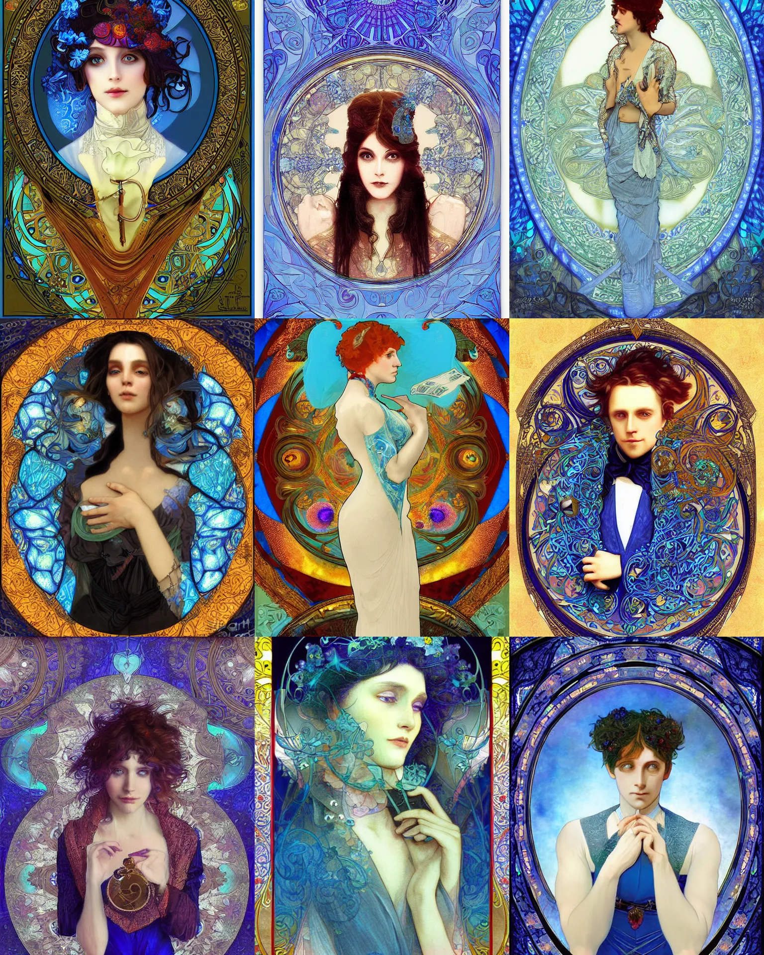 Prompt: portrait of a magician, blue - petals, digital art by alphonese mucha