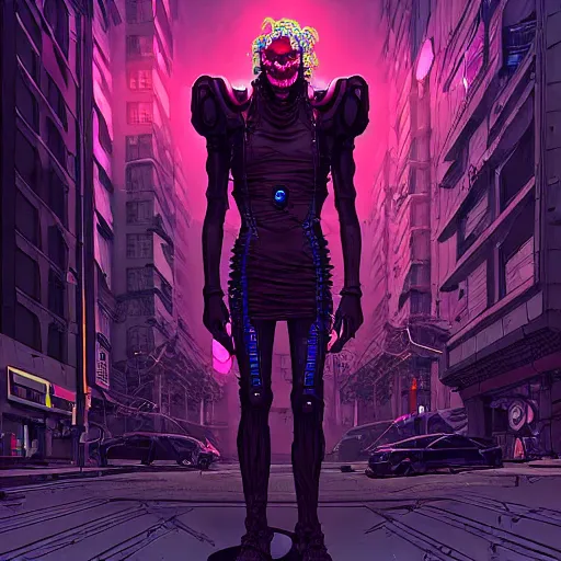 Prompt: A cyberpunk demon cyborg on the street of a cyberpunk city art by Josan Gonzalez, sci-fi, highly detailed, digital painting, artstation, smooth, sharp focus, illustration, concept art by Josan Gonzalez and James Gurney and Mœbius