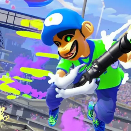 Prompt: a screenshot of drake the rapper preforming in splatoon match