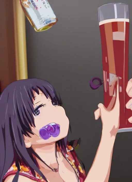 Image similar to anime girl shotgunning beers, getting blackout drunk