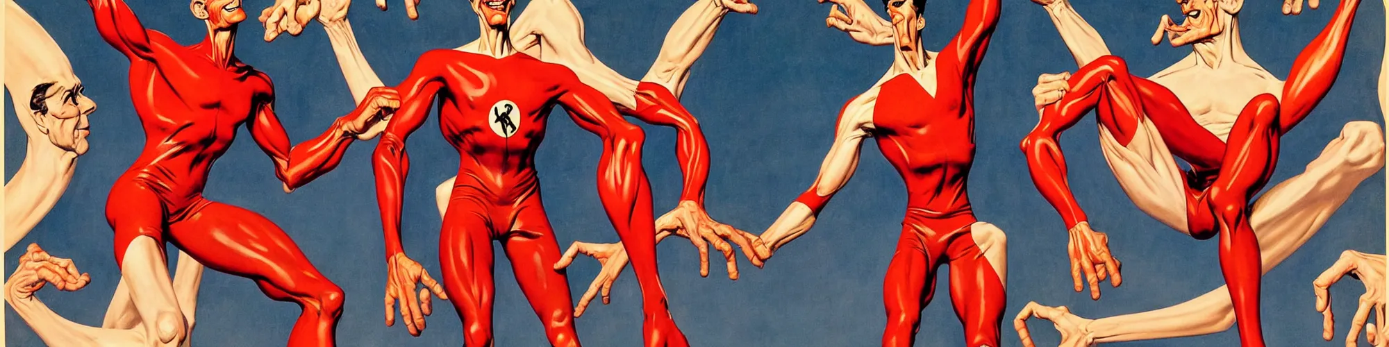 Prompt: plasticman showing off his weird limbs illustrated by norman rockwell with very long hands and arms and fingers and legs and feet twirling and twisting around on a very sunny day in another dimension, funny, silly