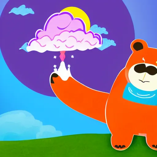 Image similar to cartoon bear wearing clothes being launched out of a futuristic machine into a purple and orange cloud land