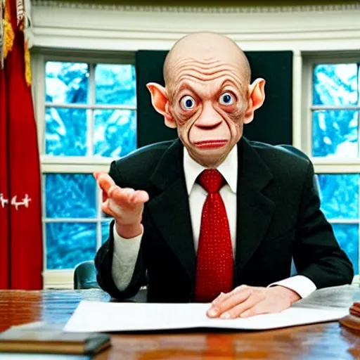 Image similar to president gollum giving a speech in the oval office