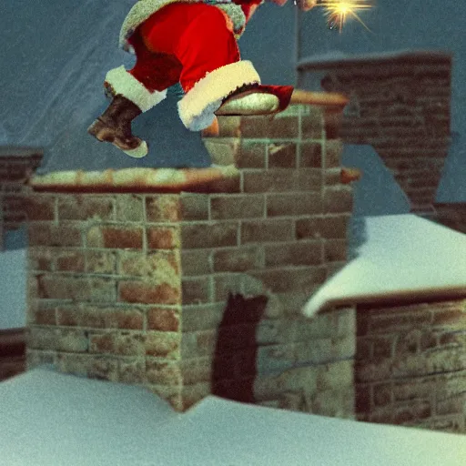 Image similar to a grainy realistic photograph of santa ontop of a rooftop climbing down a chimney at night, shot on an old polaroid camera, grainy vhs texture 4 k, realistic, unreal engine 5, sharp details, 3 0 0 dpi