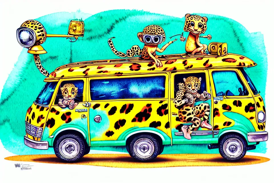 Image similar to cute and funny, baby leopard wearing a helmet riding in a mystery machine van, ratfink style by ed roth, centered award winning watercolor pen illustration, isometric illustration by chihiro iwasaki, edited by range murata, tiny details by artgerm and watercolor girl, symmetrically isometrically centered, sharply focused