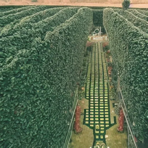 Prompt: drone footage of a submarine in a hedge maze