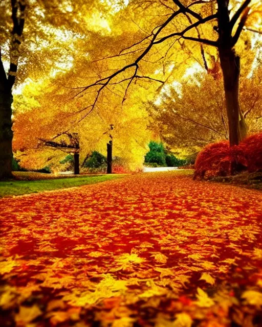 Image similar to Golden autumn, Spreads out Spreads out the leaves, Colorful leaves are lying on the ground, colorful autumn trees, red-yellow colors, carpet, light, peaceful, calm, serene, soothing, relaxed, placid, comforting, cosy, tranquil, quiet,pastel, delicate, graceful, subtle, balmy, mild, ethereal, elegant, tender, soft, light