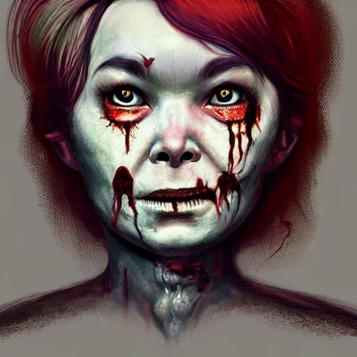 Image similar to color head portrait of bjork as a zombie, 7 days to die zombie, gritty background, fine art, award winning, intricate, elegant, sharp focus, cinematic lighting, digital painting, 8 k concept art, art by michael hussar, art by brom, art by guweiz and z. w. gu, 8 k