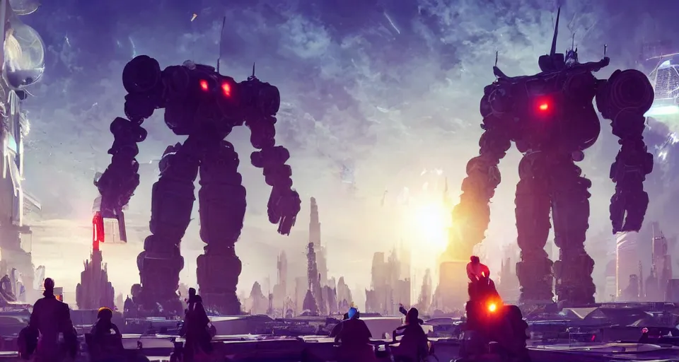 Image similar to a photo of an enormous mech towering over a crowd of astronauts in a futuristic city in the background, ultra realistic, hyper - detailed, unreal engine, raytraced lighting, colorful accents