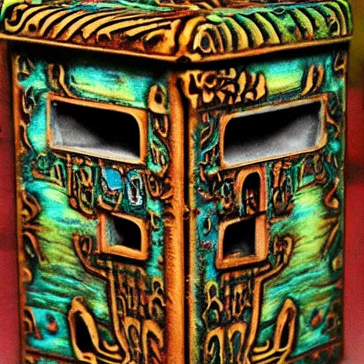 Image similar to haunted ornate ancient sinsister-looking box of ghosts| very detailed and colorful |beautiful eerie surreal psychedelic