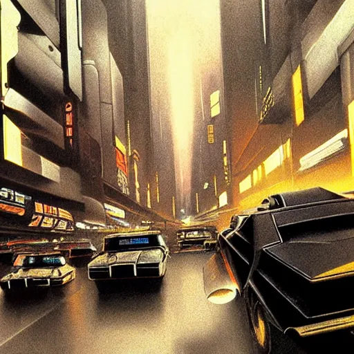 Prompt: from movie bladerunner, a scifi vehicle in a street, scene from bladerunner movie, syd mead