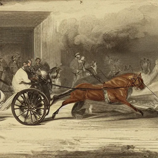 Image similar to a horse pulling a harnessed towed canon