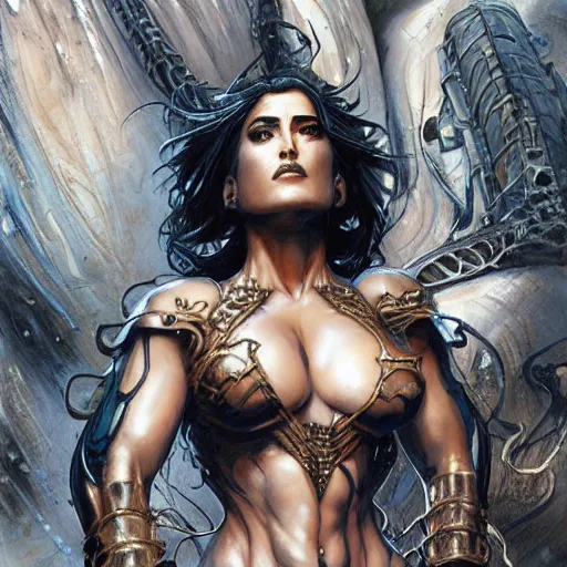 Prompt: muscular beautiful salma hayek wearing metal armor tombow artwork uta natsume , lucas graciano, greg staples ,jean-sebastien rossbach ,christophe young , eytan zana , rumiko takahashi