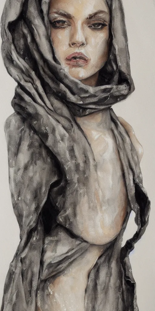 Image similar to boneyard cowl, fashion sketch 1 3 2 4. wet - on - wet grisaille on canvas, private collection