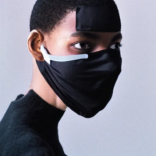 Image similar to realistic photoshooting for a new balenciaga lookbook, dark, color film photography, portrait of a beautiful woman, model is wearing a balaclava mask, in style of tyler mitchell, 3 5 mm,