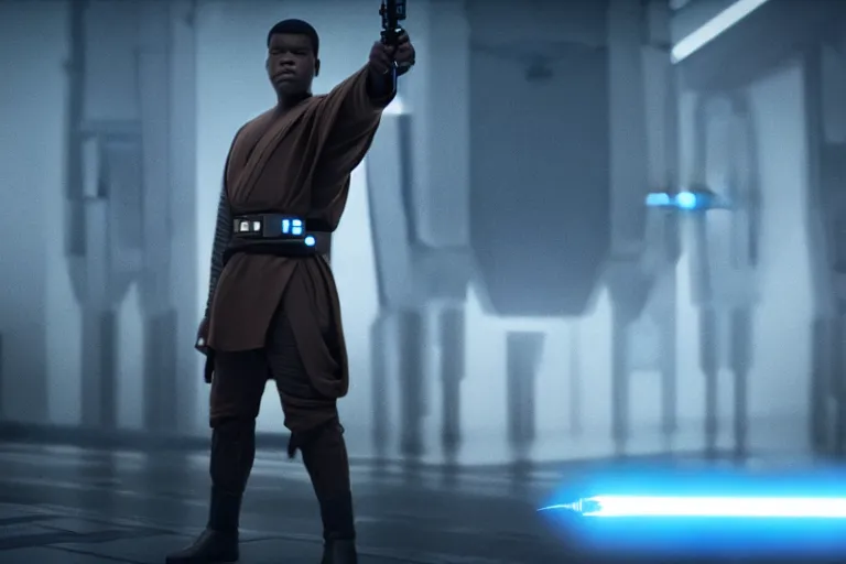 Image similar to Star Wars, full body, Finn played by John Boyega standing alone wearing jedi robes holding a lightsaber in heroic pose, ultra realistic, 4K, movie still, UHD, sharp, detailed, cinematic, render, Wide shot