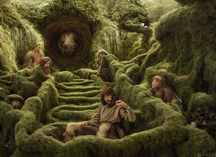 Prompt: jim henson's labyrinth. carved stone overgrown with moss. stonewalls creatures, plants, and social situations will be easier. by edgar maxence and caravaggio and michael whelan and delacroix style, artistic, intricate painting, cinematic lighting, hyper realistic, extremely detailed, 8 k resolution, establishing shot, dramatic lighting