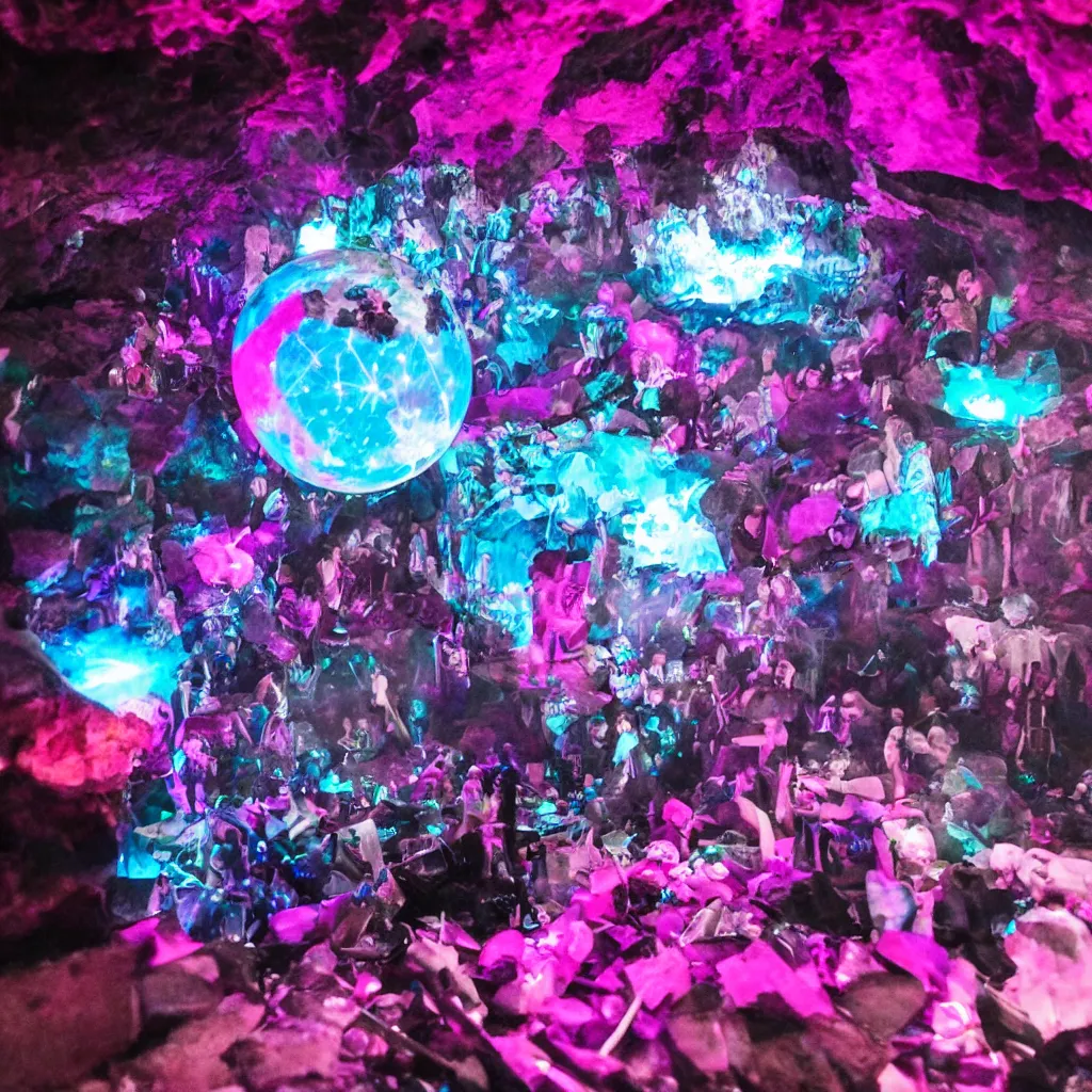 Image similar to goth disco in a cave with pink lasers and blue crystals forming a sphere of knives