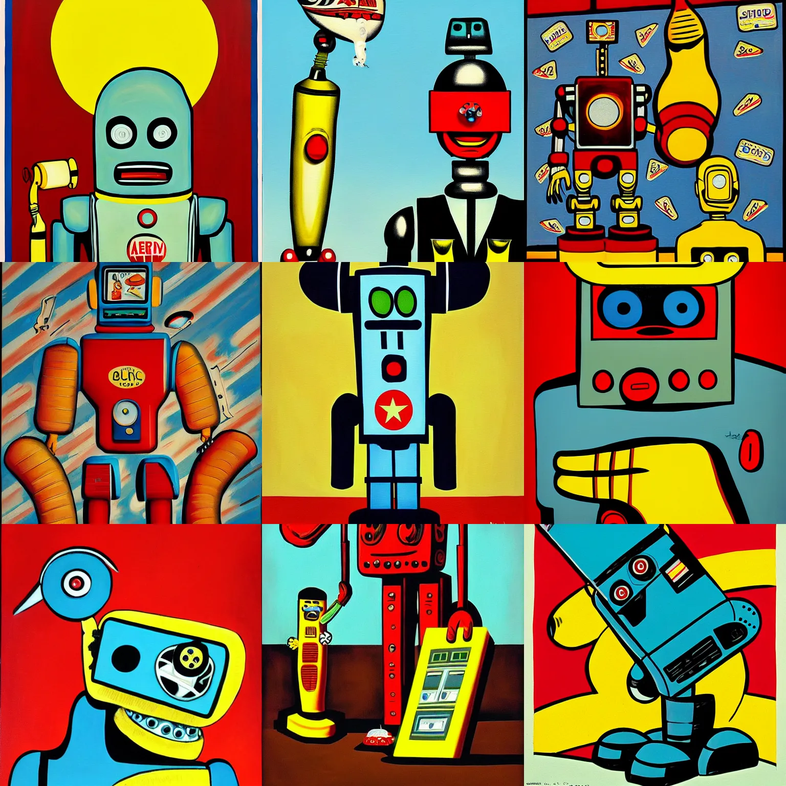 Prompt: a painting of a robot that is in the air, slip on a banana, a pop art painting by art spiegelman, deviantart, pop surrealism, soviet propaganda, american propaganda, movie poster