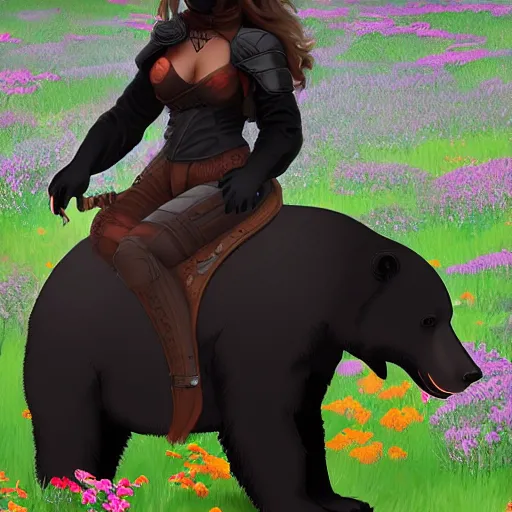 Prompt: girl riding a giant black bear in a field of flowers, trending on artstation