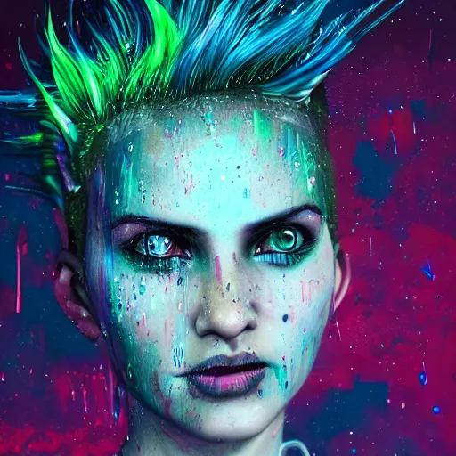 Prompt: splashes of neon galaxies, mowhawk, punk women portrait made out of paint with rain in the background, trending on artstation, epic composition, emotional, beautiful, rendered in octane, highly detailed, realistic, tim burton comic book art, sharp focus, unreal engine