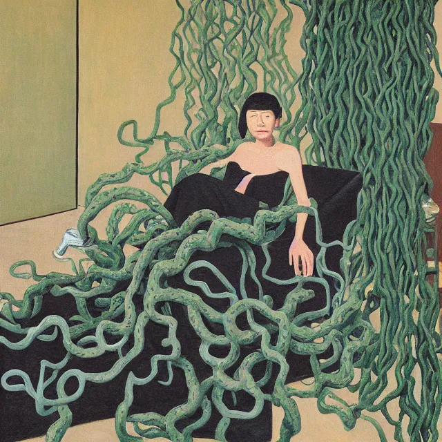 Image similar to a pathology student in her apartment, wrapped in vines, large stones, octopus, black walls, ikebana, black armchair, puddles, moss, acrylic on canvas, surrealist, by magritte and monet