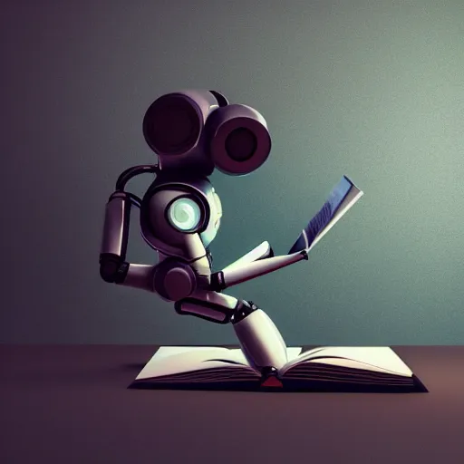 Image similar to a curious robot sitting, reading a book, octane render, 3D