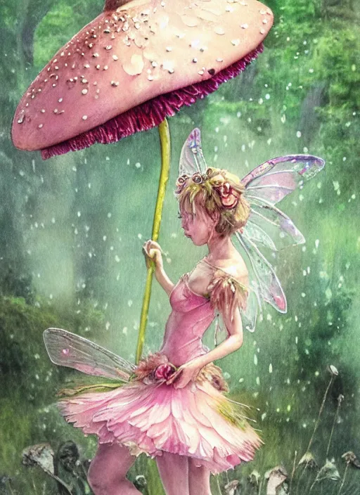 Image similar to A wingless fairy princess with a tattered pink tutu, mushroom umbrella, moss, dewdrops, watercolor, dramatic lighting, cinematic, establishing shot, extremely high detail, foto realistic, cinematic lighting, pen and ink, intricate line drawings, by Yoshitaka Amano, Ruan Jia, Kentaro Miura, Artgerm, post processed, concept art, artstation, matte painting, style by eddie mendoza, raphael lacoste, alex ross,