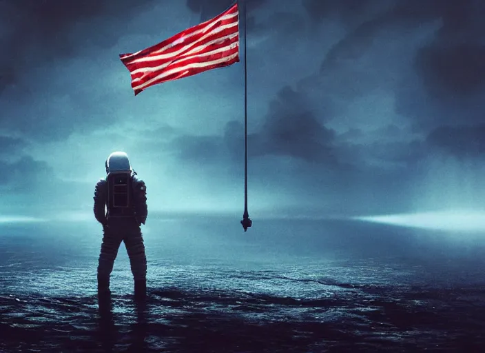 Image similar to astronaut holding a flag in an underwater desert. a submarine is visible in the distance. dark, concept art, cinematic, dramatic, atmospheric, 8 k, trending on artstation, blue, fish, low visibility, fog, ocean floor, christopher nolan, interstellar