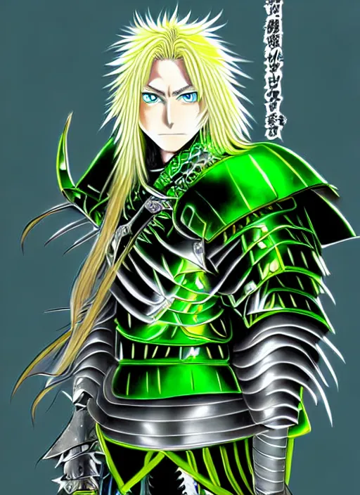 Image similar to a detailed anime full body portrait of a male warrior with long blonde hair and blue eyes wearing evil green spiked cyberpunk armour by hirohiko araki,