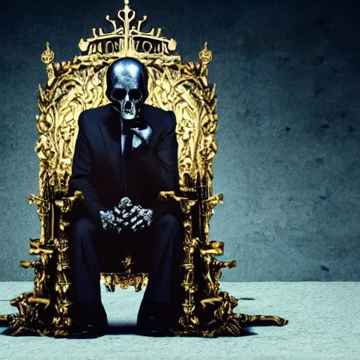 Image similar to the king of death, sitting on throne, shadows, hyperrealistic, dead bodies in the background, high resolution, 8 k, dramatic lighting, holding a skull