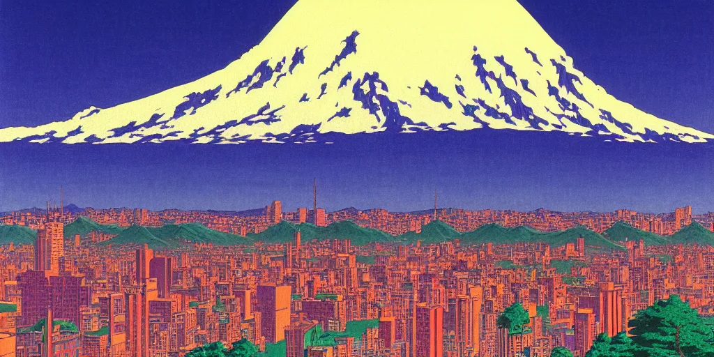 Image similar to skyline of a large metropolis, mount rainier looming in the background, acid and dreaming psychedelic hallucinations, by kawase hasui, moebius and edward hopper, hd, 8 k, artstation, sharp focus, smooth, masterpiece