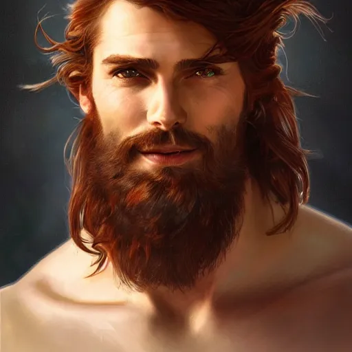 Image similar to portrait of a young ruggedly handsome but optimistic pirate, male, masculine, upper body, red hair, long hair, d & d, fantasy, intricate, elegant, highly detailed, digital painting, artstation, concept art, matte, sharp focus, illustration, art by artgerm and greg rutkowski and alphonse mucha